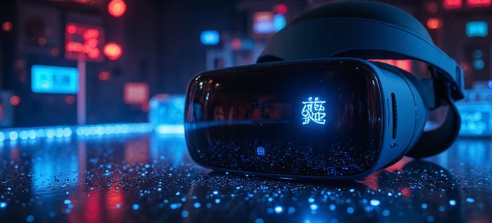 Casque de réalité virtuelle sur un fond sombre avec des éléments technologiques