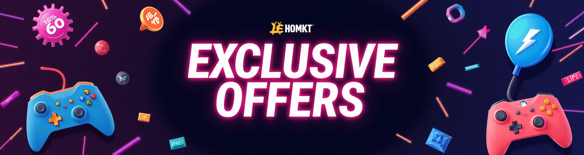 Bannière d'offres exclusives avec des illustrations de jeux vidéo et de réductions