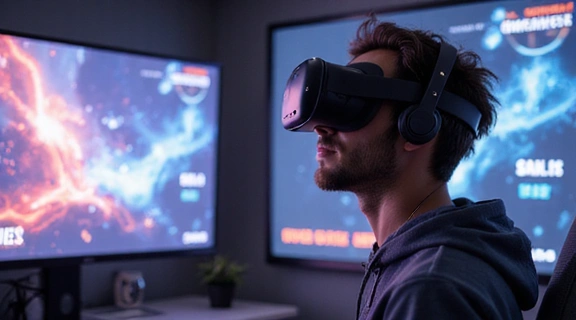 Un joueur utilise un casque VR avec des graphiques de vente et de réductions affichés