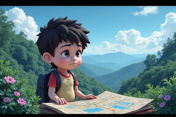 Personnage de jeu vidéo regardant une carte perdue