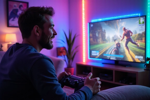 Man playing video games with a controller, smiling, surrounded by gaming gear and bright screens.